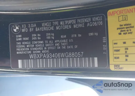 2006 BMW X3 3.0I z USA, uszkodzony, nr VIN WBXPA93406WG88057